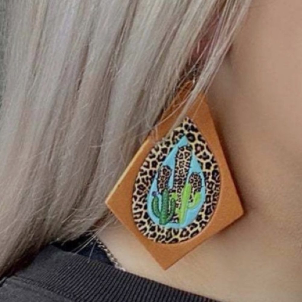 Leopard Cactus Drop Earrings Western Boho Leather